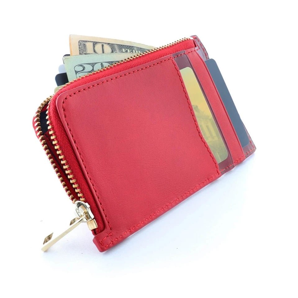 Genuine Leather Card Holder with Zipper in Red - Unisex - COLDFIRE