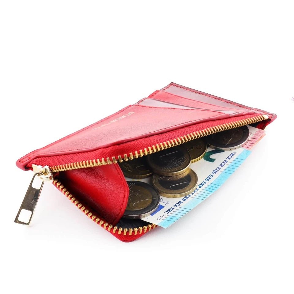 Genuine Leather Card Holder with Zipper in Red - Unisex - COLDFIRE